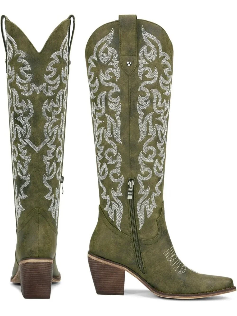 Women's Army Green Knee High Cowboy Boots Chunky Heel Leather Chunky Heel Pull